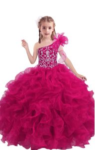 Fuchsia Ball Gowns Organza One Shoulder Sleeveless Beading and Ruffles Floor Length Lace Up Child Pageant Dress