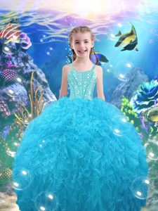 Perfect Beading and Ruffles Girls Pageant Dresses Aqua Blue Lace Up Sleeveless Floor Length