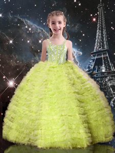 Perfect Yellow Green Sleeveless Tulle Lace Up Girls Pageant Dresses for Quinceanera and Wedding Party