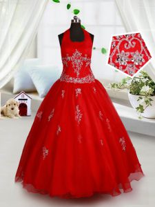 Halter Top Red Sleeveless Organza Lace Up Kids Formal Wear for Quinceanera and Wedding Party