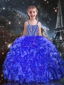 Attractive Royal Blue Sleeveless Beading and Ruffles Floor Length Child Pageant Dress