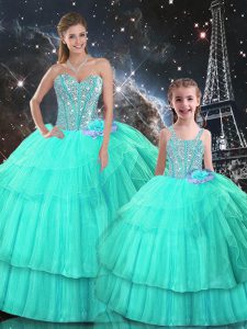 Turquoise Lace Up Quinceanera Dresses Ruffled Layers Sleeveless Floor Length