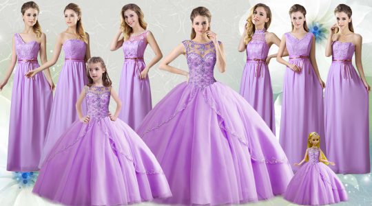 Sumptuous Tulle Scoop Sleeveless Lace Up Beading Quinceanera Dress in Lilac