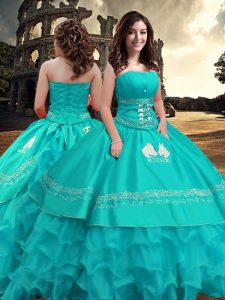 Sleeveless Floor Length Embroidery and Ruffled Layers Zipper Sweet 16 Quinceanera Dress with Turquoise