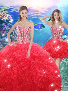 Coral Red Sleeveless Beading and Ruffles Floor Length Quinceanera Gowns