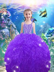 Custom Design Eggplant Purple Ball Gowns Straps Sleeveless Organza Floor Length Lace Up Beading and Ruffles Little Girls Pageant Dress