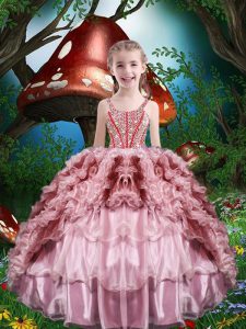 Perfect Floor Length Lace Up Kids Formal Wear Baby Pink for Quinceanera and Wedding Party with Beading and Ruffles and Ruffled Layers