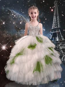 White Ball Gowns Beading and Ruffled Layers Little Girl Pageant Dress Lace Up Tulle Sleeveless Floor Length