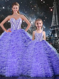 Lavender Ball Gowns Beading and Ruffles Ball Gown Prom Dress Lace Up Tulle Sleeveless Floor Length