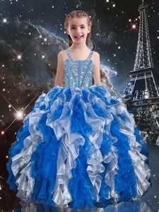 Blue Lace Up Little Girl Pageant Gowns Beading and Ruffles Sleeveless Floor Length