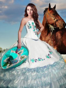 White Quinceanera Dress Military Ball and Sweet 16 and Quinceanera with Embroidery and Ruffled Layers Strapless Sleeveless Lace Up