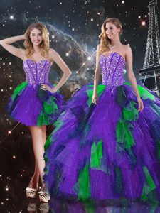 Fantastic Multi-color Tulle Lace Up Sweetheart Sleeveless Floor Length 15 Quinceanera Dress Beading and Ruffles