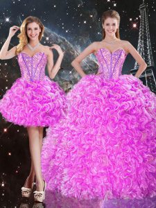 Glamorous Fuchsia Three Pieces Beading and Ruffles Sweet 16 Dress Lace Up Organza Sleeveless Floor Length