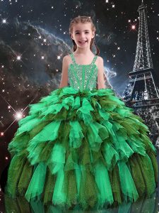 Floor Length Apple Green Little Girls Pageant Dress Tulle Sleeveless Beading and Ruffles