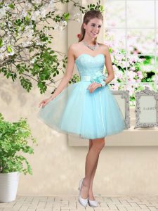 Knee Length Aqua Blue Damas Dress Tulle Sleeveless Lace and Belt