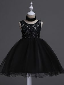 Modern Black Organza Zipper Little Girls Pageant Dress Wholesale Sleeveless Knee Length Beading and Lace