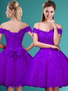 Dazzling Tulle Off The Shoulder Cap Sleeves Lace Up Lace and Belt Quinceanera Court of Honor Dress in Eggplant Purple