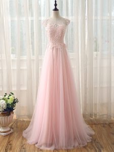 Baby Pink Empire Scoop Cap Sleeves Tulle Brush Train Zipper Beading and Lace Quinceanera Court Dresses