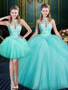 Perfect Floor Length Aqua Blue Quinceanera Gown Halter Top Sleeveless Lace Up