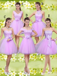 Stylish Knee Length Lilac Damas Dress Tulle Sleeveless Lace and Belt