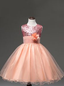 Fancy Peach Sleeveless Tulle Zipper Child Pageant Dress for Wedding Party