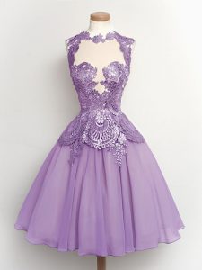 Delicate High-neck Sleeveless Quinceanera Dama Dress Knee Length Lace Lavender Chiffon