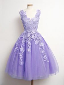 Admirable Appliques Vestidos de Damas Lavender Lace Up Sleeveless Knee Length