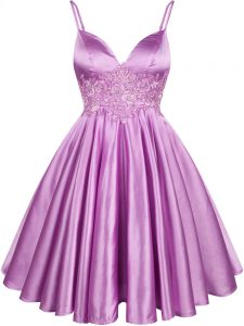 Glamorous Knee Length Lilac Quinceanera Court of Honor Dress Spaghetti Straps Sleeveless Lace Up