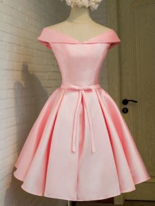 Excellent 3 4 Length Sleeve Taffeta Knee Length Lace Up Quinceanera Court of Honor Dress in Baby Pink with Belt