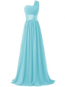 New Style Ruching Quinceanera Court Dresses Aqua Blue Lace Up Sleeveless Floor Length