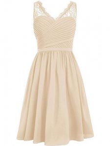 Romantic Champagne Chiffon Side Zipper Quinceanera Court Dresses Sleeveless Knee Length Lace and Ruching