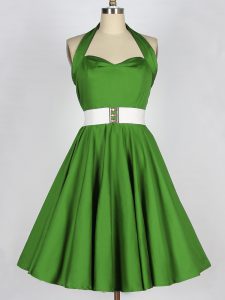 Green Sleeveless Belt Knee Length Dama Dress