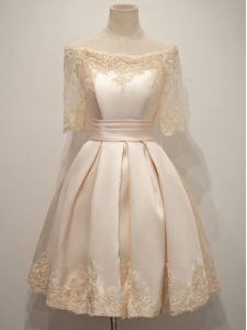 Knee Length Champagne Damas Dress Taffeta Half Sleeves Lace