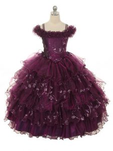 Burgundy Ball Gowns Off The Shoulder Sleeveless Organza Floor Length Lace Up Ruffles and Ruffled Layers Little Girl Pageant Dress