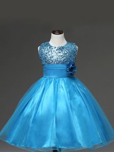 Baby Blue Sleeveless Knee Length Sequins and Hand Made Flower Zipper Child Pageant Dress