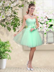 Captivating Knee Length Lace Up Quinceanera Dama Dress Apple Green for Prom and Party with Lace and Belt