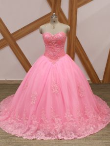 Sweetheart Sleeveless Tulle Ball Gown Prom Dress Beading and Lace Brush Train Lace Up