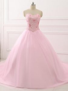 Pretty Baby Pink Lace Up Quinceanera Gowns Beading Sleeveless Brush Train