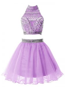 Organza High-neck Sleeveless Zipper Beading Quinceanera Court of Honor Dress in Lilac