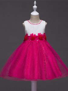 Best Hot Pink Tulle Zipper Scoop Sleeveless Knee Length Little Girls Pageant Dress Wholesale Lace and Hand Made Flower