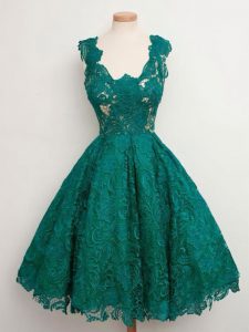 Knee Length Dark Green Court Dresses for Sweet 16 Straps Sleeveless Lace Up