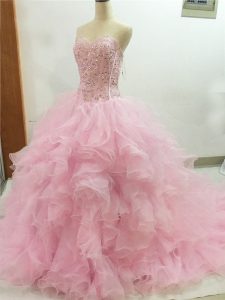 Beading and Ruffles Sweet 16 Dresses Baby Pink Lace Up Sleeveless Brush Train