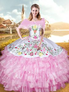 Luxury Rose Pink Sweetheart Neckline Embroidery and Ruffled Layers Ball Gown Prom Dress Sleeveless Lace Up