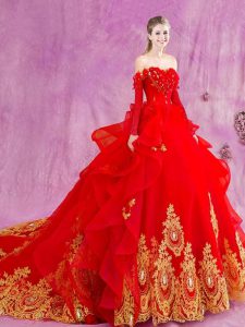 Charming Tulle Off The Shoulder Sleeveless Court Train Lace Up Appliques and Ruffles Quinceanera Dresses in Red