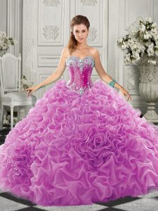 Lilac Sleeveless Beading and Ruffles Lace Up 15 Quinceanera Dress