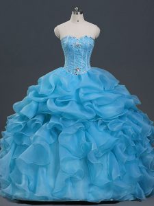 Wonderful Baby Blue Sleeveless Organza Lace Up Quinceanera Dress for Military Ball and Sweet 16 and Quinceanera