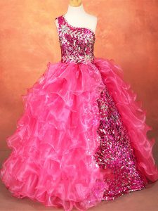 Most Popular Hot Pink Organza Lace Up One Shoulder Sleeveless Floor Length Little Girls Pageant Gowns Beading and Ruffles and Sequins