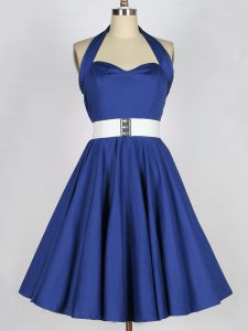 Blue A-line Halter Top Sleeveless Taffeta Knee Length Lace Up Belt Court Dresses for Sweet 16