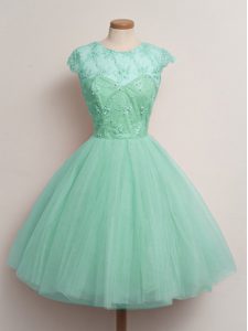 Fashionable Apple Green Tulle Lace Up Scoop Cap Sleeves Knee Length Quinceanera Court Dresses Lace