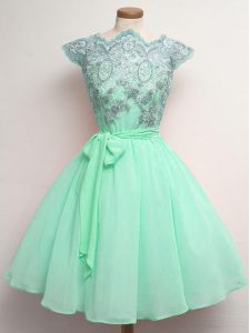 Enchanting Apple Green Cap Sleeves Lace and Belt Knee Length Quinceanera Court of Honor Dress